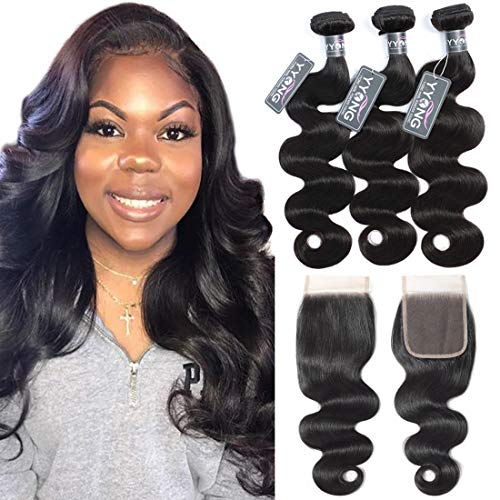 YYONG Brazilian Body Wave Bundles With Closure Virgin Extensions Bundles of Brazilian Hair And Closure Human Hair Bundles With Lace Closure 3 Bundles Weave Hair Human Bundles With Closure 18"20"22"&16