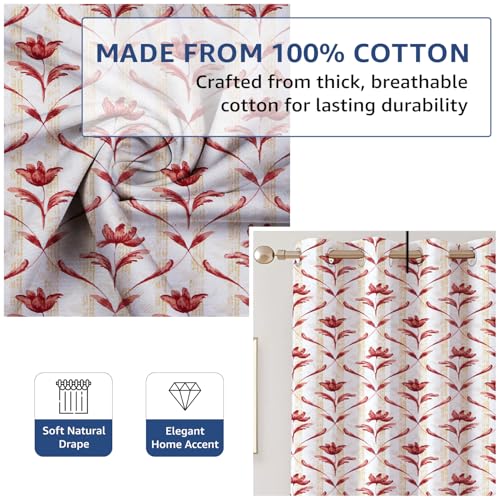 Image of Amazon Basics - Leaf Print Light Filtering Curtains | 100% Cotton 150 TC | Set of 2 | 7 Feet | 115 x 210 cm | Maroon | Eyelets & Tiebacks| Ideal for Bedroom and Living Room