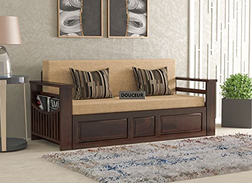 Image of Douceur Furnitures Solid Sheesham Wood Wooden Frame Three 3 Seater Sofa Cum Bed for Living Room,Hotels,Apartment & Hall | Finish Color - Walnut Finish | Cushion:-Beige