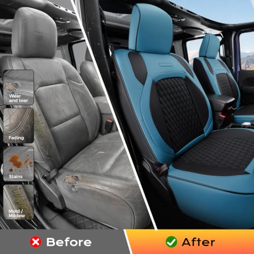 Image of Coverado Seat Covers for Jeep Wrangler, Waterproof Leather Car Seat Covers for Truck Automotive Seat Covers Custom Fit for 2018-2026 Jeep Wrangler JL Seat Covers 4 Door Full Coverage (Blue)
