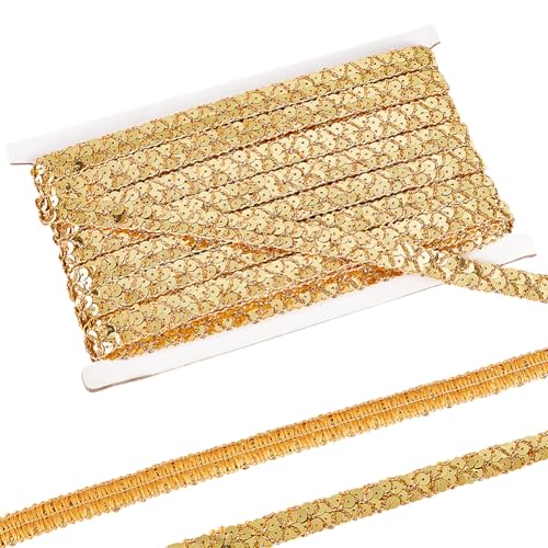 MAYJOYDIY 13m Sequin Lace Trim, 15mm Wide Light Gold Flat Round Paillette Ribbon
