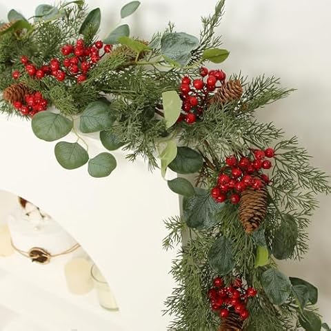 ZIFTY 5.9FT Christmas Garland Artificial Pine and Cypress with Red Berries Eucalyptus Leaves Pine Cone Perfect for Indoor and Outdoor Holiday Decorations Cover