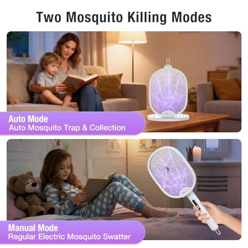 Image of BALDR Electric Fly Swatter Racket, Foldable 2 in 1 Bug Zapper 3000V Powerful Mosquito Killer with Purple Attractant Trap Lamp, 1200mAh Type-C Rechargeable for Indoor Home Office Patio Camping