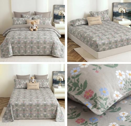 Image of DECOMIZER 240 TC Microfiber Soft Cotton Printed Single Bed Bedsheet for Diwan Bed, Size 60 Inches X 90 Inches, 152 X 230 cm with 1 Large Size Pillow Covers - GreyLeafFlower