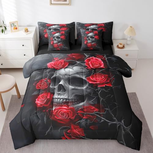 Castle Fairy Skeleton Rose 7 Pcs Comforter Set Full,Red Rose Flowers Bedding Set with Comforter,Pillowcases,Pillow Covers,Flat Sheet,Fitted Sheet,Happy Halloween Theme Bedding for Room Decor