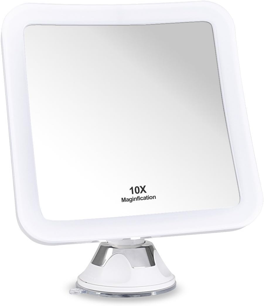 iAdorn 10x Magnifying Lighted Makeup Mirror - Daylight LED Travel Vanity Mirror - Compact, Cordless, Locking Suction, 6.5" Wide, 360 Swivel Rotation, Portable Illuminated Bathroom Mirror - Square