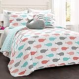 Lush Decor Whale Kids Reversible 5 Piece Quilt Bedding Set with Sham and Decorative Throw Pillows, Full/Queen, Pink & Aqua