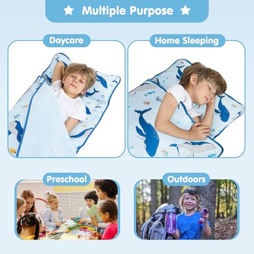 Image of Viviland Toddler Kid Nap Mat for Preschool, Boys Blue Ocean Whale Slumber Bag, Daycare Sleeping Bag with Pillow and Blanket, Kindergarten Sleep Mat