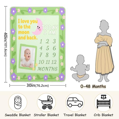 Custom Cute Baby Photo Monthly Milestone Cartoon Purple Pink Flower Toddler Blanket Soft Customizable cat Name Blanket for Girls or Boys 30x40in Regalo para3