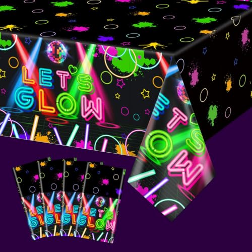 APUXXJUPA 4 Pack Glow in the Dark Tablecloths, Neon Plastic Table Covers for Let's Glow Party Decorations Black Light Birthday Party Supplies, 51 x 86 inch