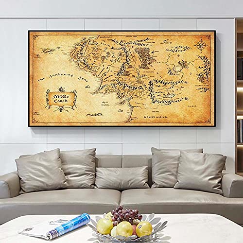 MKWDBBNM Mapa de película de Estilo Retro de la Tierra Media, Pintura en Lienzo, Carteles e Impresiones, imágenes artísticas de Pared, decoración de Sala de Estar | 70x140cm sin Marco Cover
