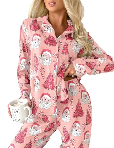 Ecosunny Christmas Santa Pajama Set Women's Long Sleeve Sleepwear Soft Loungewear Two Piece Button...