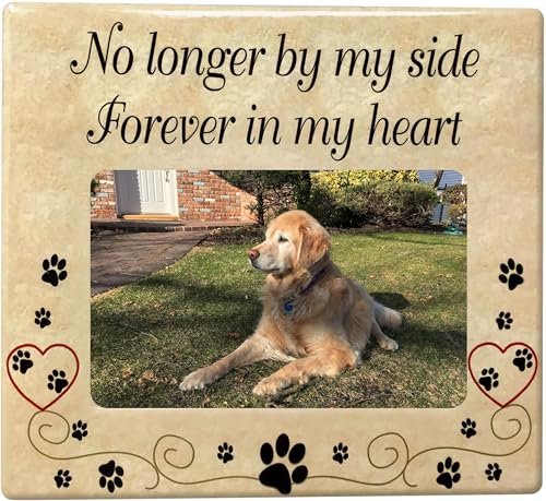 BANBERRY DESIGNS Pet Memorial - Ceramic Picture Frame - No Longer By My Side Forever in My Heart - Pet Loss Gifts - Pet Photo Frame - Pet Sympathy Gift - In Memory of a Pet - 8" W x 7.25" H