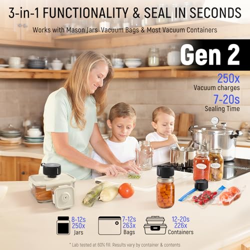Upgraded 3-in-1 Electric Mason Jar Vacuum Sealer Kit for Jars, Bags, Food Savers & Containers | Auto-Stop Jar Sealer with 4-Hours Battery Life & One-Handed Operation for Dry Foods, Jams & Leftovers