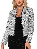 Caractériques : Cette veste en tweed vintage est composée de plusieurs points de conception : tissu tweed à carreaux, devant ouvert, court, manches longues, sans col, entièrement doublé, légèrement extensible