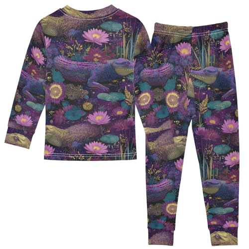 Pajama Sets Long Sleeve Crocodile Among Flowers and Leaves Soft Comfy Sleepwear 2 Piece PJS 3-8T3