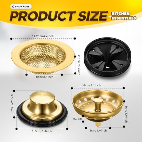 Image of 4 Pcs Brushed Gold Kitchen Sink Accessories Garbage Disposal Splash Guards 3.4'' Sink Drain Strainer and Stopper Stainless Steel Garbage Disposal Plug for Kitchen Drain Strainer
