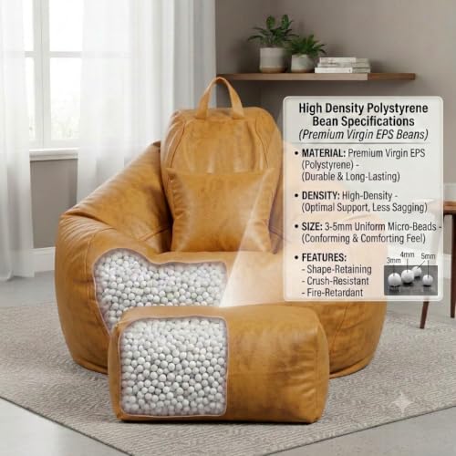 Image of KAM'S LIEU 4XL Suede Bean Bag Chair with Footrest & Cushion | Filled with High Density Polystyrene Beans | Premium Soft Fabric | Teardrop Design with Handle | Ready to Use Color- (Yellow, Bean Bag)