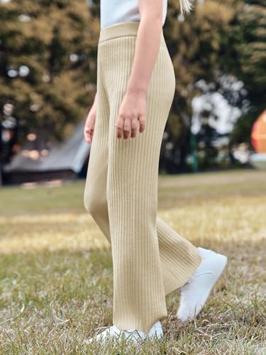 Image of Haloumoning Girls Solid Rib Knit Wide Leg Pants Elastic Waist Flowy Casual Sweater Pants 5-14 Years