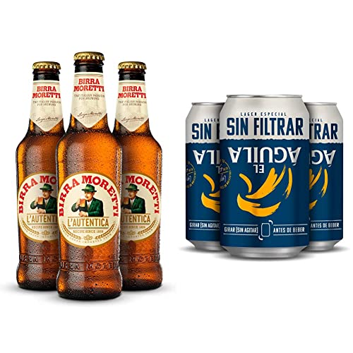 Birra Moretti Cerveza Lager Italia Pack Botella, 24 x 33cl & El Aguila Sin Filtrar Cerveza Lager Especial Pack Lata, 24 x 33cl