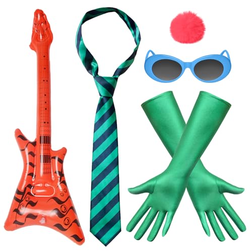 Aczyoxw Green Costume Accessories with Stripe Tie Blue Glasses Gloves Pink Pom-Pom and Bass Prop for Halloween Cosplay Party