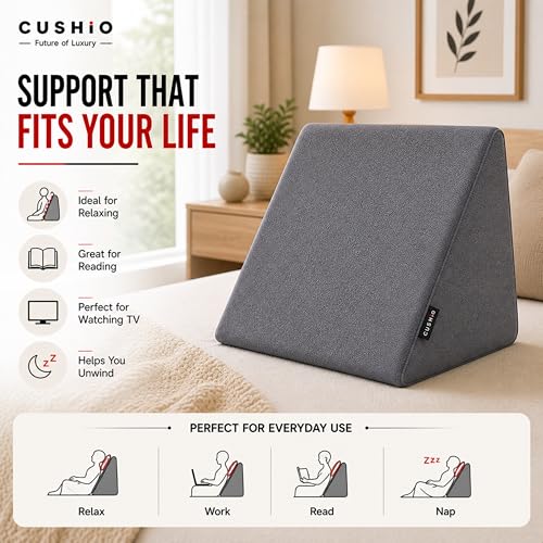 Image of CUSHIO Bed Wedge Pillow for Sleeping, Memory Foam Wedge Cushion for Acid Reflux, Back Support Pillow for Bed Sitting, Orthopedic Wedge Pillow for Neck & Back Pain, Leg Elevation Pillow (Grey)