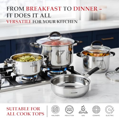 HOMSMYTH 12-Piece Stainless Steel Cookware Set – Induction-Compatible Pots and Pans with Silicone Handles and Glass Lids | Versatile Casserole, Frying Pan & Saucepan Collection - Image 2