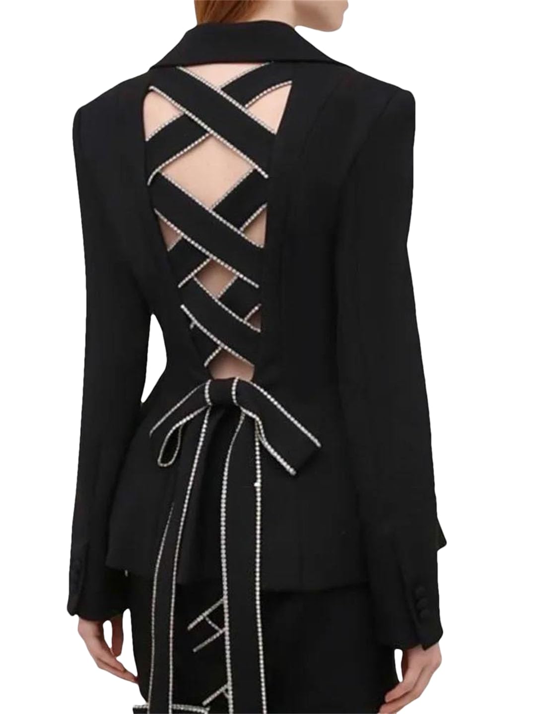 Womens Rhinestones Hollow Out Bow Tie Blazer Notched Single-Breasted Slim Suit Jacket