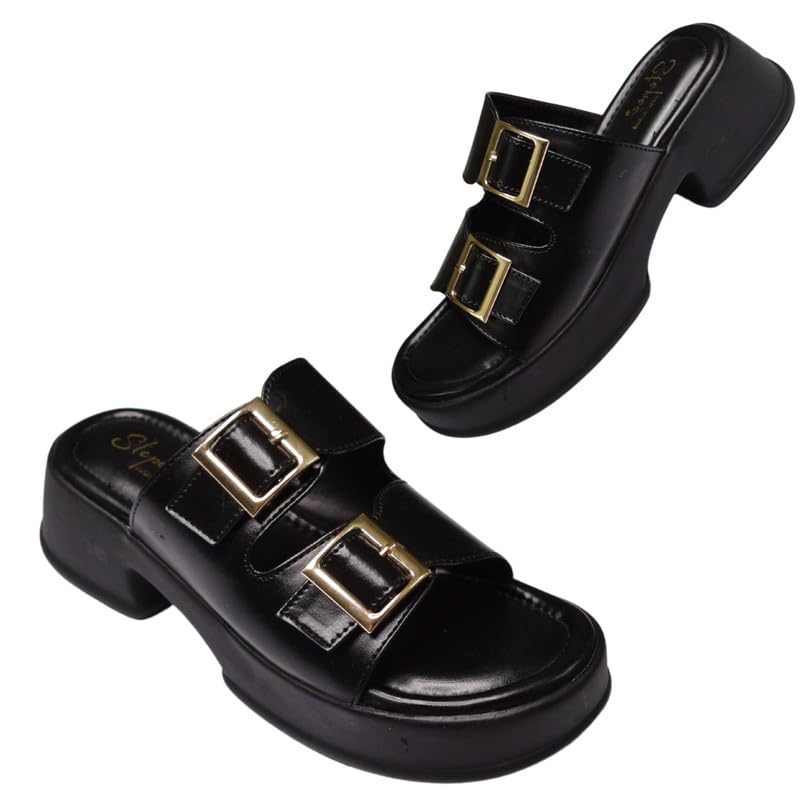 Stepee Casual Black Chunky Heels Slip on Open Toe Flatform Sandal for Women (B0D8KPKNCD) Amazon Price History, Amazon Price Tracker