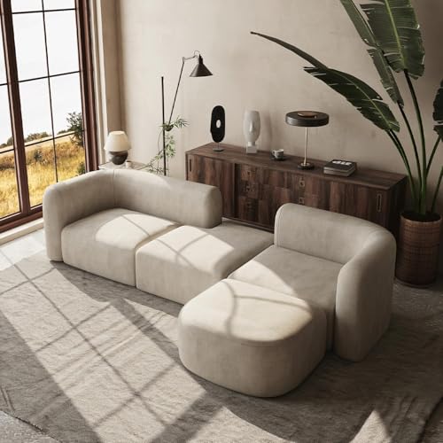 Image of 116 inch Luxury Modern Tight Curved Back Velvet Sofa, Minimalist Style Comfy Couch for Living Room Apartment, 4 Seater Modular Sectional, Cream