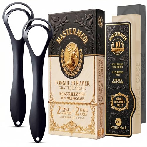 Image of MasterMedi Black Tongue Scraper with Cases (Spoon Shape, 2 Pack), Tongue Scrubber for Bad Breath Treatment, Easy to Use Tongue Scraper for Adults, Tongue Cleaner for Oral Care