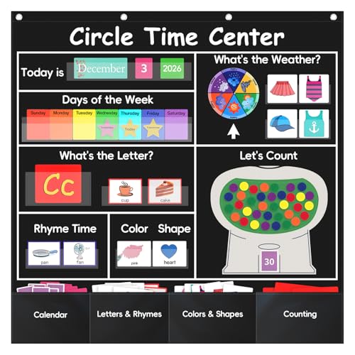 Circle Time Learning Center Classroom Pocket Chart, Circle Time Calendar Preschool Include 224 Cards, Educational Pocket Chart Material, Learning Calendar Weather Letter Counting Color Shape