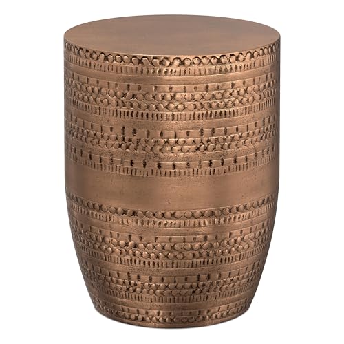 SIMPLIHOME Johnsen Metal Table - 15 inch Wide Solid Iron Drum Accent Table in Antique Copper with Tribal Pattern, Round Boho End Table for Living Room, Bedroom, or Home Office, Fully Assembled