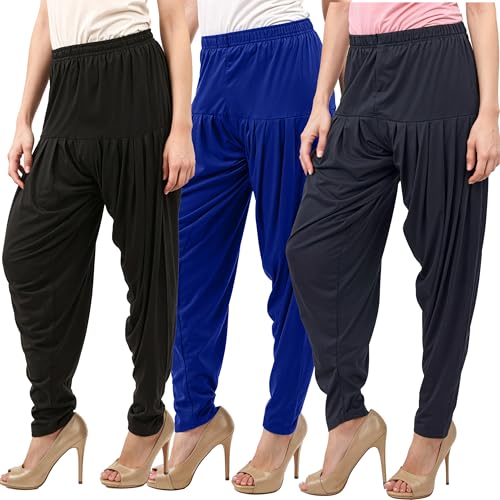 Image of Buy That Trendz Womens Patiala Pants Dhoti Patiyala Salwar Harem Viscose Bottoms Pants Pack of 3 Black-Royal Blue-Dark Grey L