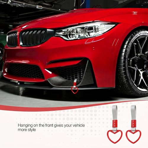 Image of 2PCS Heart Shaped Car Handle Straps, Rear Bumper Warning Keychain Ring for Car Exterior Accessories (Red-Silver)