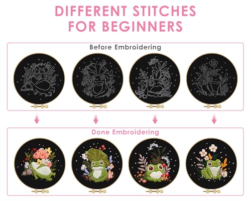 Image of TINDTOP 4 Pack Embroidery Kit for Adult, Embroidery DIY Starter Kit | with Stamped Patterns, Hoop, Tools, Colorful Threads with Needles, Instructions