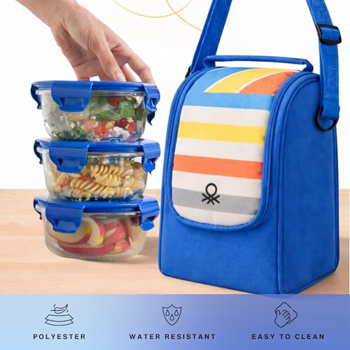 Image of United Colors of Benetton Lunch Bag for Women & Men, Insulated Bag, Tiffin Lunch Bag for Office /College /School, Bottle Holder, Lightweight, Durable Handles, Fits 3 Containers (Blue)