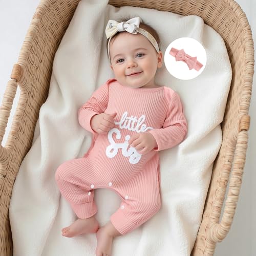 pengnight Newborn Baby Girl Clothes Little Sister Romper Long Sleeve Solid Color Bodysuit Jumpsuit + Headband Fall Outfits2