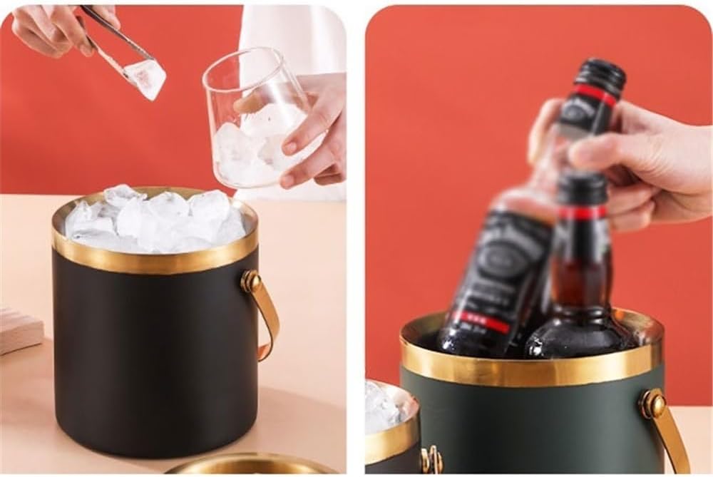 飲料タブ ステンレス鋼アイスバケツ二重断熱保冷シャンパンワインビールバケツアイスペレットアイスキューブバケツ(黒,大きい)