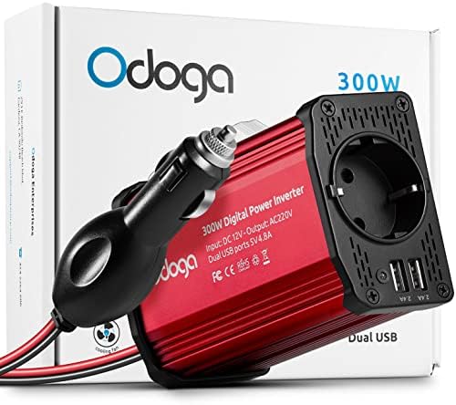 Odoga Przetwornica napięcia 12 V na 230 V 300 W, przetwornica prądu z podwójnym złączem USB 4,8 A, inwerter 12 V 220 V, gniazdo samochodowe, ładowanie laptopa, iPada, iPhone'a, tabletu i wielu