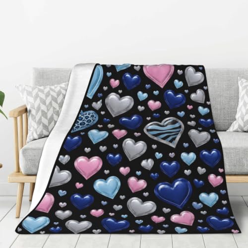 Soft Flannel Throw Blanket for Couch Bed Sofa Silver Blue Hearts
