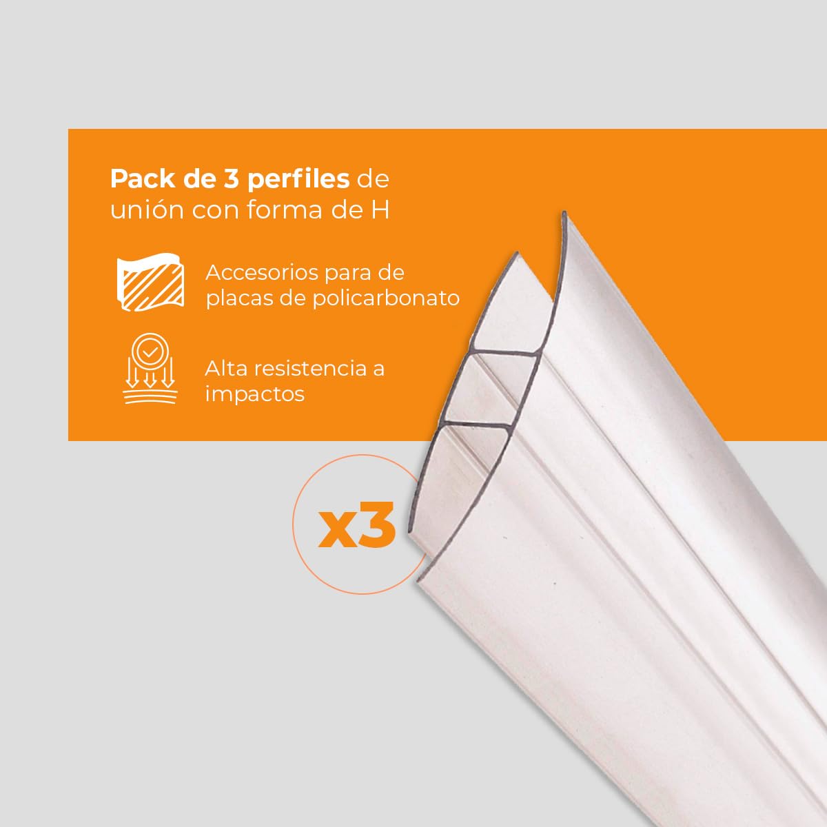 Pack 3 Perfiles de Unión - Perfil en H Policarbonato - Longitud: 2m - Espesor: 8mm - Para Unir Placas y Planchas de Policarbonato Transparente - Perfiles Decorativos