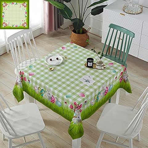 Easter Tablecloth Easter Eggs Rabbit Tablecloth Waterproof Polyester Table Cover Decor for Square/Round Table,Home,Dining,Outdoor,Party,Oil Proof,60"x60" Green Buffalo Plaid Farmhouse Decor Cover