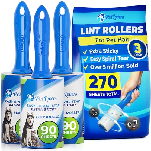 PetLovers Extra Sticky Lint Roller Value Set 270 Sheets for Pet Hair Removal and Clothes, Dog and Cat Lint Remover, 3 Pack