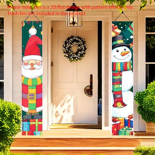 Image of Christmas Couplets Banner 71 x 12 Inches Santa and Snowman Cartoon Design with Gift Boxes and Ornaments Festive Vertical Door Hanging Decoration for Holiday Entryway Porch or Home Party Scene