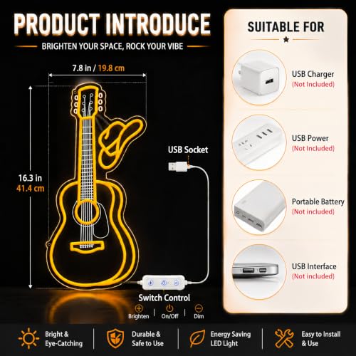 Image of Cowboy Acoustic Guitar Neon Light, Dimmable LED Guitar Neon Wall Sign with Cowboy Hat, USB Powered Western Country Music Decor for Bedroom, Man Cave, Music Studio, Gift for Guitar Players
