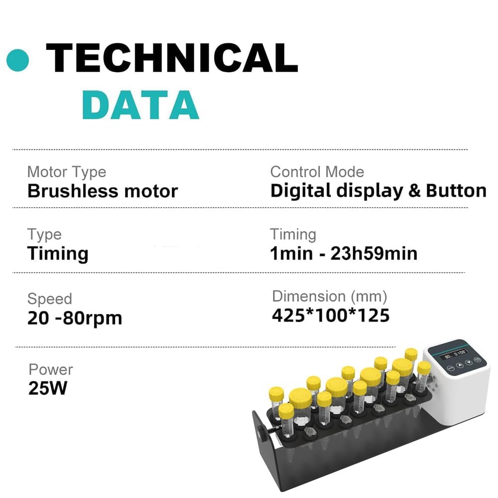 Digitaler Labor-Rollenmischer/Schüttler – Langachsiger Rotationsmischer für 2/5/10/15/50-ml-Röhrchen, Drehzahl einstellbar von 20–80 U/min, Timer und Dauerbetrieb, ideal für den Laboreinsatz