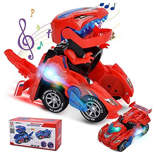 Villana Transforming Dinosaur Toys, Transforming Dinosaur Car with LED Light and Music Automatic Transform Dino Car for 2+ Year Old Kids Christmas Birthday Gifts (Red)