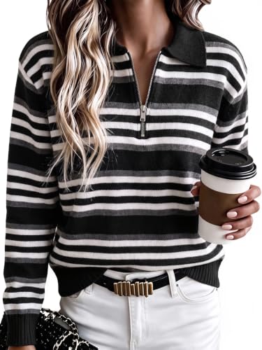 Fisoew Womens Quarter Zip Striped Sweater Collared Long Sleeve Pullover Top - image 1