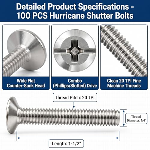 Image of Blulu 100 Pcs 1 /4 inch-20 x 1-1 /2 inch Hurricane Shutter Fasteners, 304 Stainless Steel Sidewalk Bolts, Truss Head Machine Screws for Exterior Window Panels and Doors Hardware Sliver